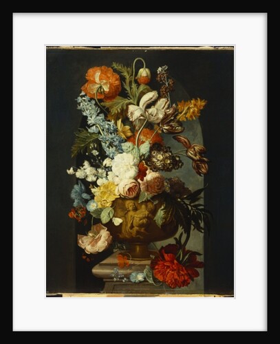 Tulips, Roses, Hyacinth, Auricula and other Flowers in a Sculpted Urn on a Stone Pedestal in a Niche. by Jan van (follower of) Huysum