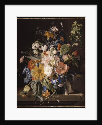 Poppies, Hollyhock, Morning Glory, Viola, Daisies, Sweet Pea, Marigolds and other Flowers in a Vase with a Snail on a Ledge by Jan van Huysum