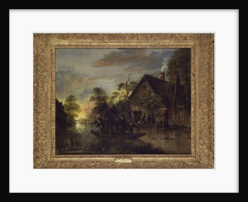 A River Landscape with Peasants Ferrying a Bull, Peasants by a Cottage Beyond by Aert van der Neer