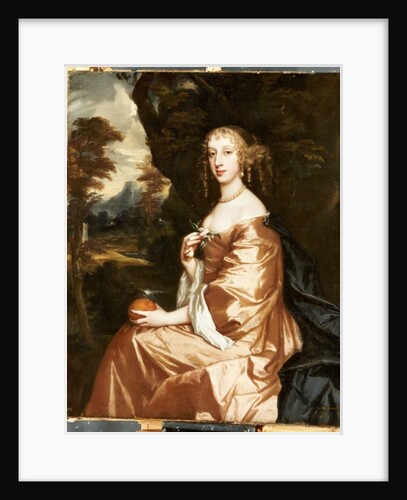 Portrait of Lady Penelope Nicholas, holding an orange in a landscape by Peter Lely