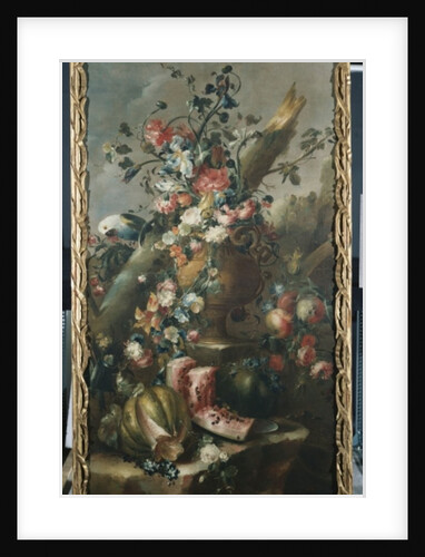 Flowers in a Sculpted Urn, with Melons and Parrot by Francesco Guardi