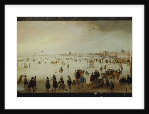 Skaters, golf players, elegant ladies and gentleman on frozen floodwaters by the Broederpoort at Kampen by Hendrik Avercamp