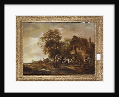 Riders refreshing themselves outside an inn, with other figures and a horse and cart by Isack van Ostade