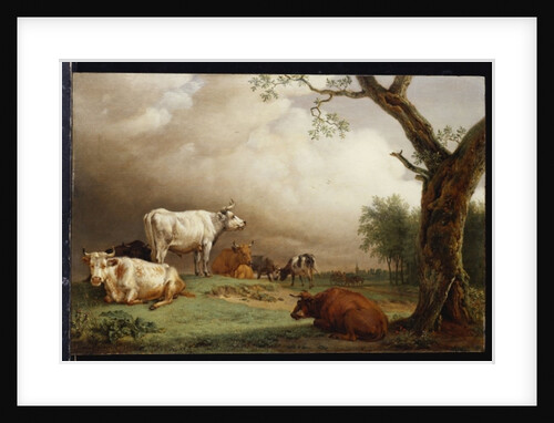 Cattle in a field, with travellers in a wagon on a track beyond and a church tower in the distance, a rain storm approaching, 1652 by Paulus Potter