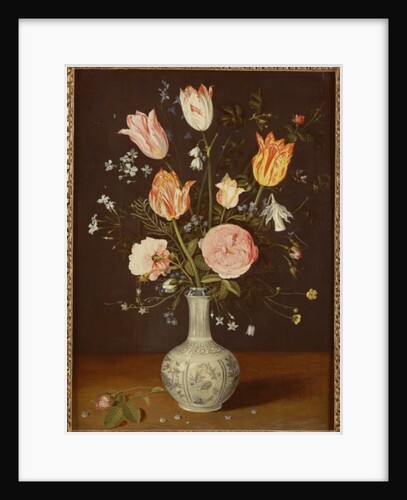 Tulips, roses, forget-me-nots and other flowers in a late Ming blue and white vase by Jan Brueghel