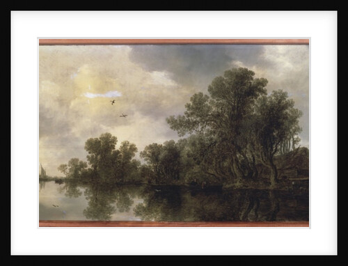 A wooded river landscape, with peasants in a rowing boat by a cottage and a ferry, a sailing boat in the distance, 1633 by Jan Josephsz van Goyen