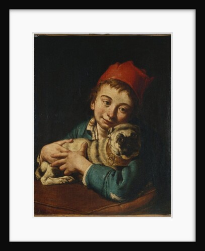 A boy, half length, in a blue jacket and a red hat, holding a pug on a cushion by Giacomo Ceruti