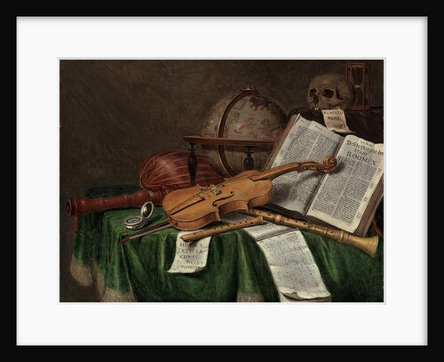 Vanitas still life with an astrological globe, a violin, a skull, an hourglass, an open book, a score, a watch, a lute and other musical instruments on a draped table, 1680s by Edwaert Colyer or Collier