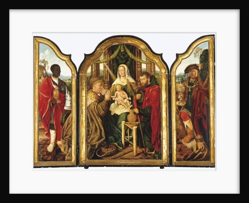 The Holy Family with Melchior offering gold to the Christ Child by Master of Frankfurt