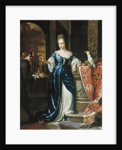 Portrait of Lodewina Schey in a blue dress, with an attendant bearing flowers by Jan Weenix