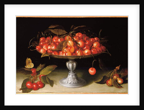 Cherries in a silver compote with crabapples on a stone ledge and a fritillary butterfly by Fede Galizia