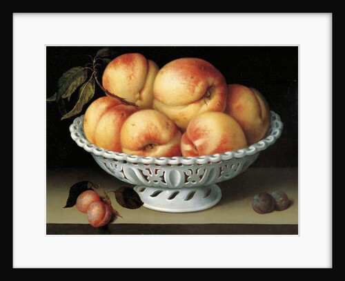 Peaches in a pierced white faience basket by Fede Galizia