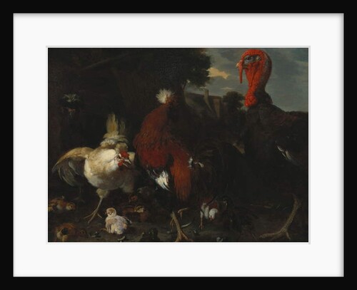 A Hen, Rooster and Turkey in a Farmyard by Melchior de (attr. to) Hondecoeter