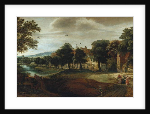 A wooded river landscape with village buildings and Abraham and the Three Angels by Adriaen van Stalbemt