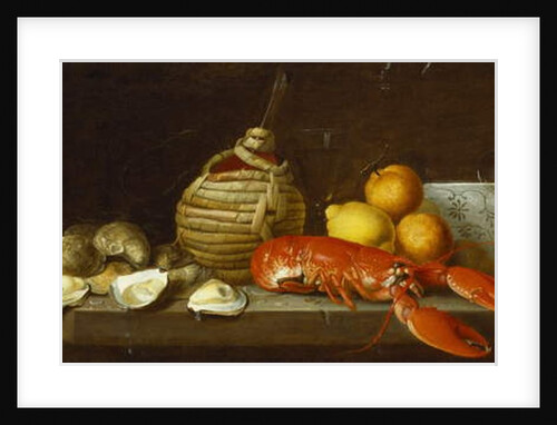 Bread, oysters, a Chianti flask, a lobster, lemons, oranges and glasses in a porcelain bowl on a ledge by Jakob Bogdani or Bogdany