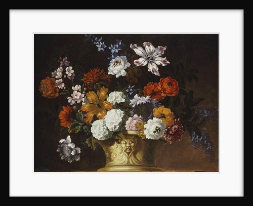 Tulips, snowballs and other flowers in a sculpted urn on a ledge by Pieter Casteels