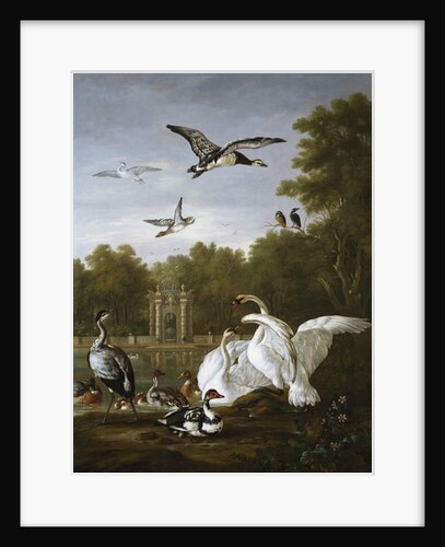 Swans, ducks and other birds in a park by Pieter Casteels