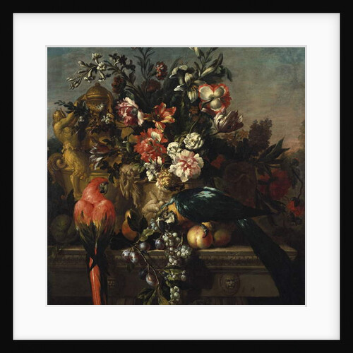Carnations and other flowers with parrots on a pedestal by Pieter Casteels