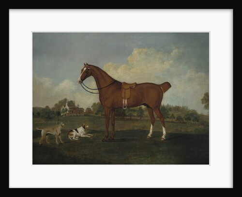 A bay hunter with two hounds in a landscape, with a mansion beyond, 1779 by Charles Towne