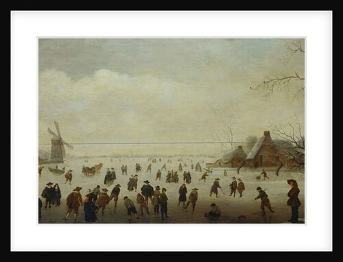 Winter landscape with numerous skaters, golf players and peasants on frozen waterways by Antoni Verstralen