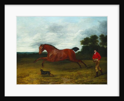 A groom with a terrier bringing in a high spirited stallion by Sawrey Gilpin