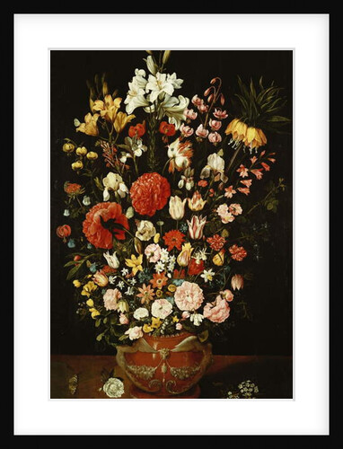 Tulips, lilies, irises, roses, carnations, peonies and other flowers in a sculpted terracotta urn by Osias the Elder Beert