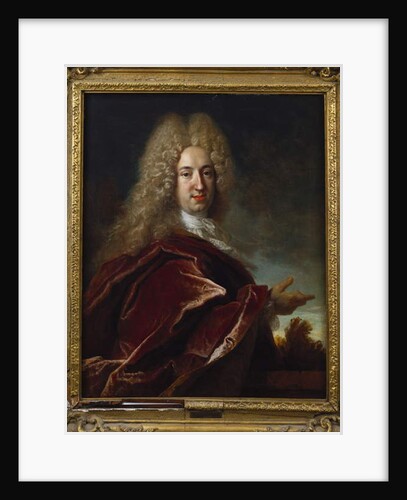 Portrait of a gentleman, wearing a long wig, lace jabot and burgundy cloak by Nicolas de Largilliere
