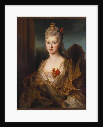 Portrait of a lady, half length, in a white and gold embroidered dress, with flowers in her hair by Nicolas de Largilliere