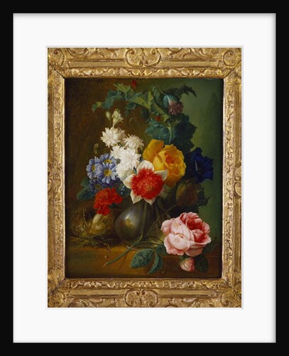 Roses, poppies, morning glory and other flowers in a vase with a bird's nest on a ledge by Jan van Os