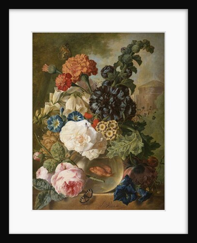 Roses, chrysanthemums, peonies and other flowers in a glass vase with goldfish on a stone ledge by Jan van Os