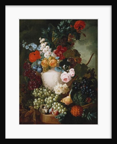 Roses, poppies and other flowers in a sculpted vase with fruit, a mouse and a bird's nest on a stone ledge by Jan van Os
