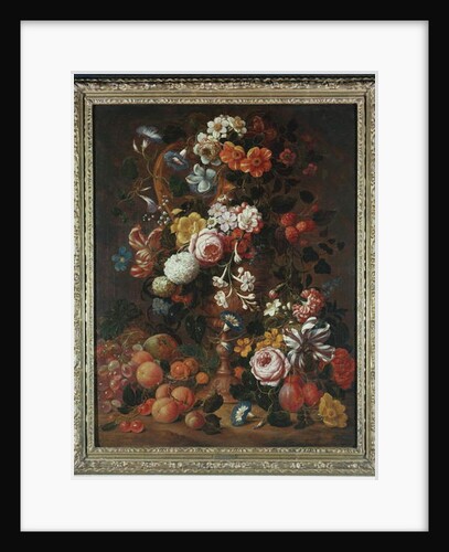 Roses, dahlias, convolvulus, a tulip and other flowers, in a sculpted urn, with grapes, plums and peaches nearby by Nicholaes van Verendael
