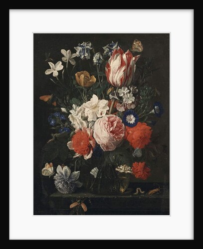 A rose, a tulip, morning glory and other flowers in a glass vase on a stone ledge, 1671 by Nicholaes van Verendael