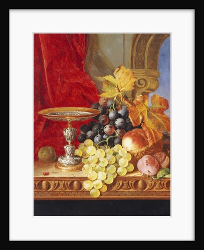 Grapes and a peach with a tazza on a table at a window by Edward Ladell