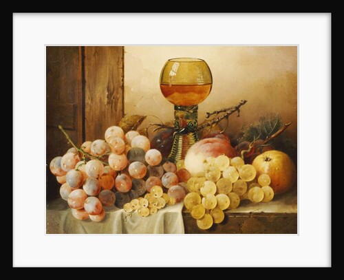 Grapes, apples, plums and a peach with hock glass on draped ledge by Edward Ladell