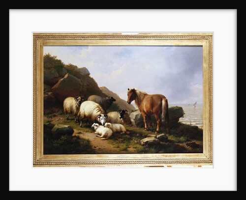 A pony and sheep on a cliff with a sailing vessel beyond, 1868 by Eugene Joseph Verboeckhoven