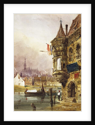 A figure beside a building, Ghent, with barges on the River Leye beyond, 1833 by Thomas Shotter Boys