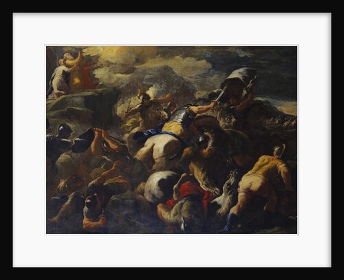 The Battle between the Israelites and the Amalekites, Aaron and Hur supporting Moses' arms on a hilltop beyond by Luca Giordano