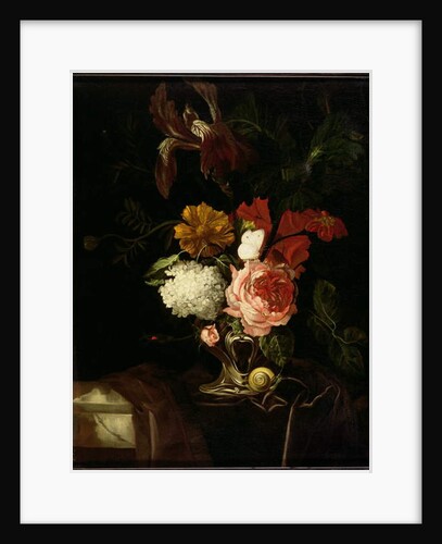 A Rose, and Iris, Lilac and other Flowers in an Auricular Silver Vase with a Snail and a Butterfly on a draped Ledge by Willem van Aelst