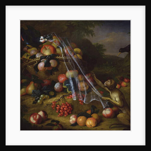 Mixed Fruit with a Monkey, a Parrot, a Jay and two Finches in a Landscape by Tobias Stranover