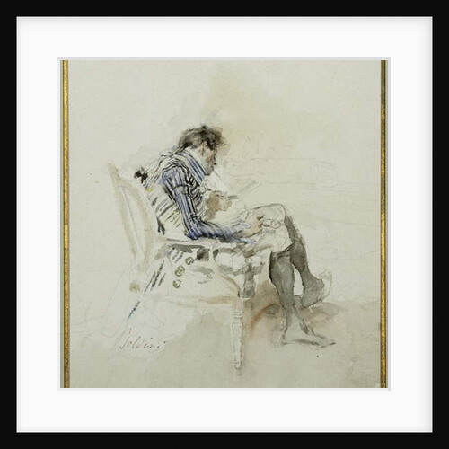Gentleman seated in an Armchair reading a Book and smoking a Pipe by Giovanni Boldini