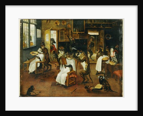 A Singerie: Monkey Barbers serving Cats by Jan van the Elder Kessel