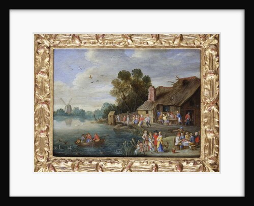 A River Landscape with Gentry at a Village Inn by Jan van the Elder Kessel