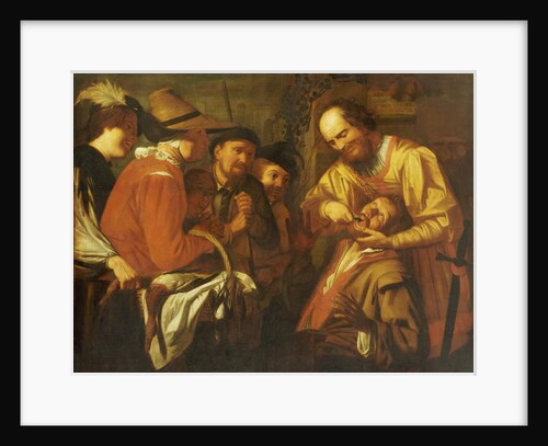 A Quack Dentist extracting a Tooth, while a Group of Onlookers watch nearby by Gerrit van Honthorst