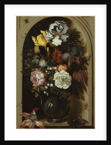 Irises, Roses, Lily of the Valley and other Flowers in a Glass Vase in a Niche, 1621 by Balthasar van der Ast
