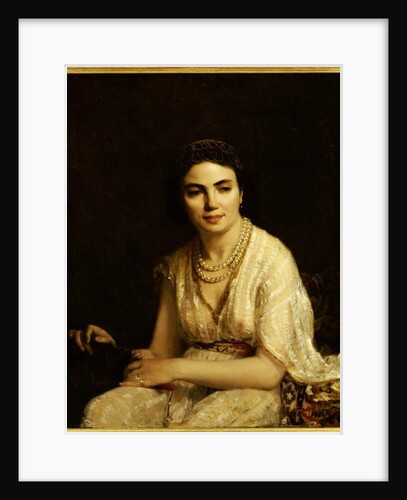 Portrait of a Woman wearing a Pearl Necklace and holding a Fan by Alexei Alexevich Harlamoff