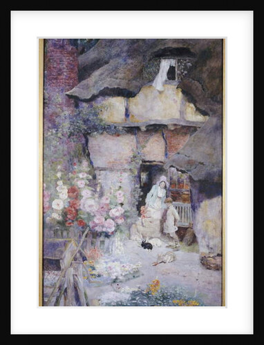 A Mother and Children feeding Rabbits at the Door of a Thatched Cottage by David Woodlock