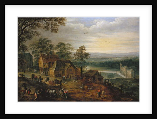 Village Street with Figures and Carts, a Moated Castle in the Background by Jan the Younger Brueghel