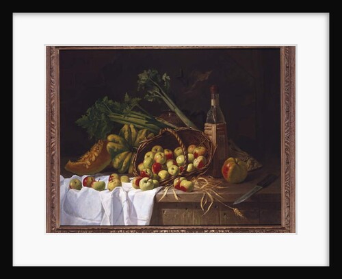 Still Life with a Bottle of Wine, Rhubarb and an upturned Basket of Apples on a Table by Antoine Vollon