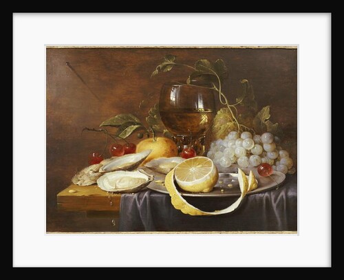 A Roemer, a peeled half Lemon on a Pewter Plate, Oysters, Cherries and an Orange on a draped Table by Joris van Son